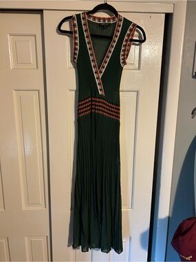 Beulah Dark Green Ribbed Maxi Dress with Contrasting Trim